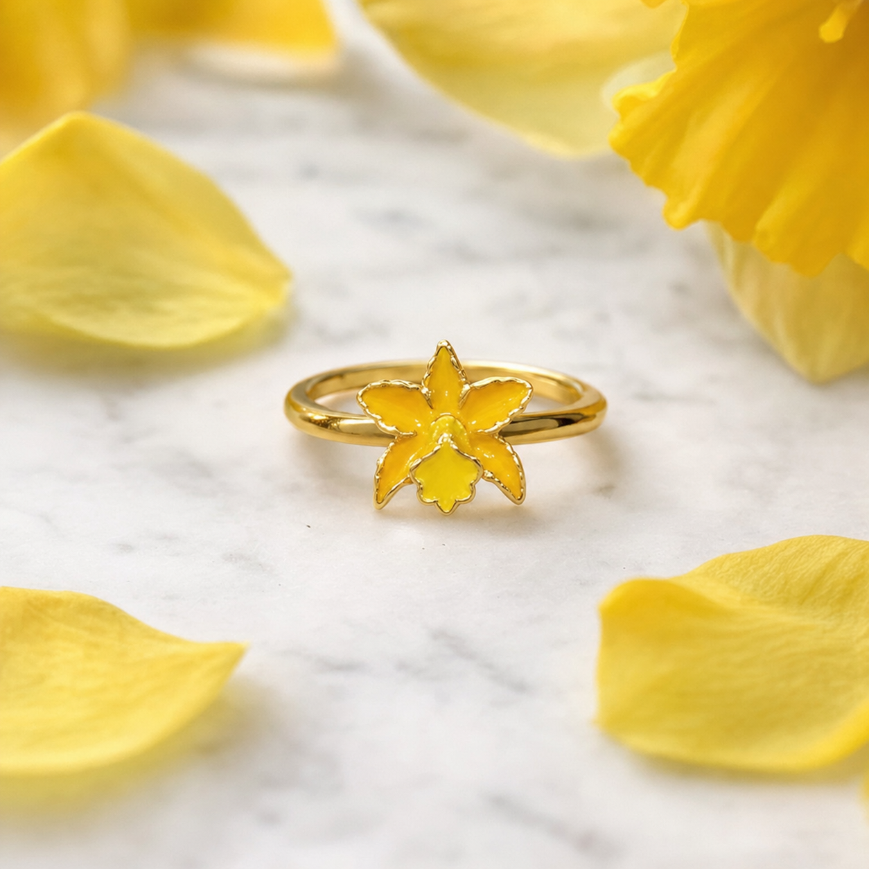 La Colombiana Collection Yellow Cattleya Orchid Ring on white marble - Orchidique