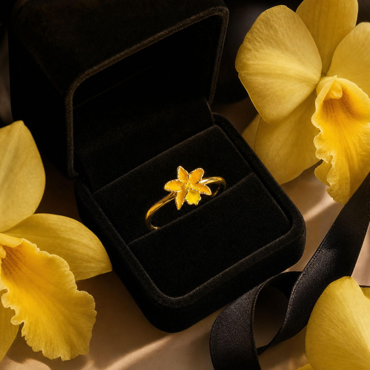 La Colombiana Collection Yellow Cattleya Orchid Ring in gift box with orchid petals - Orchidique