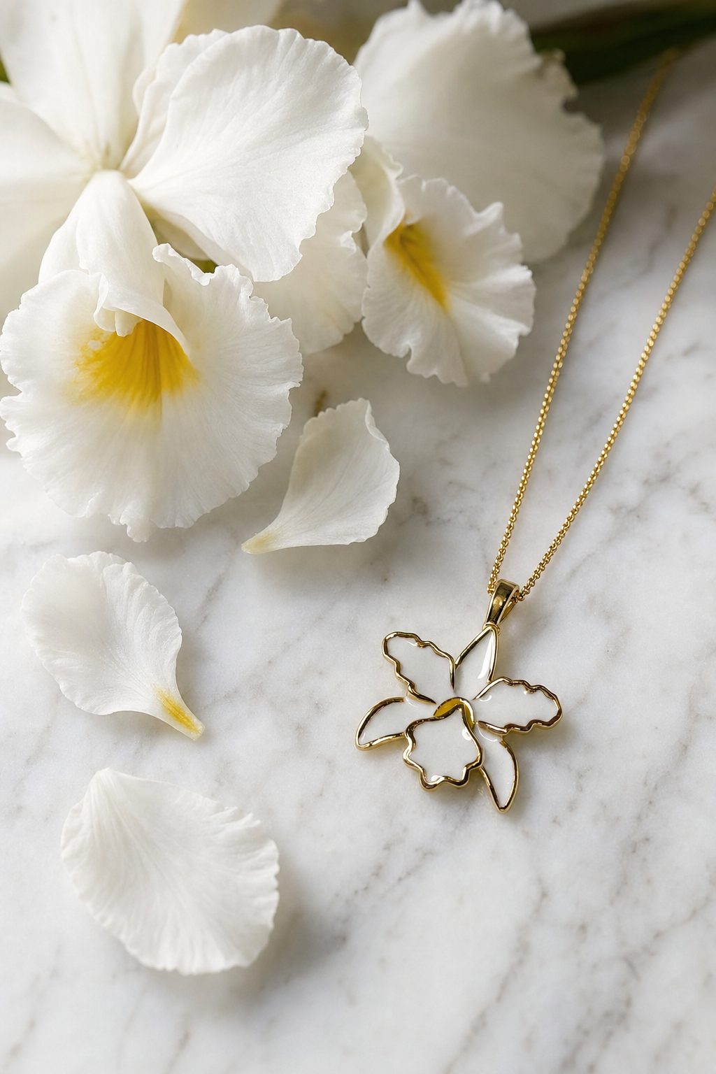 La Colombiana Collection Alba Cattleya Orchid Necklace on white marble - Orchidique