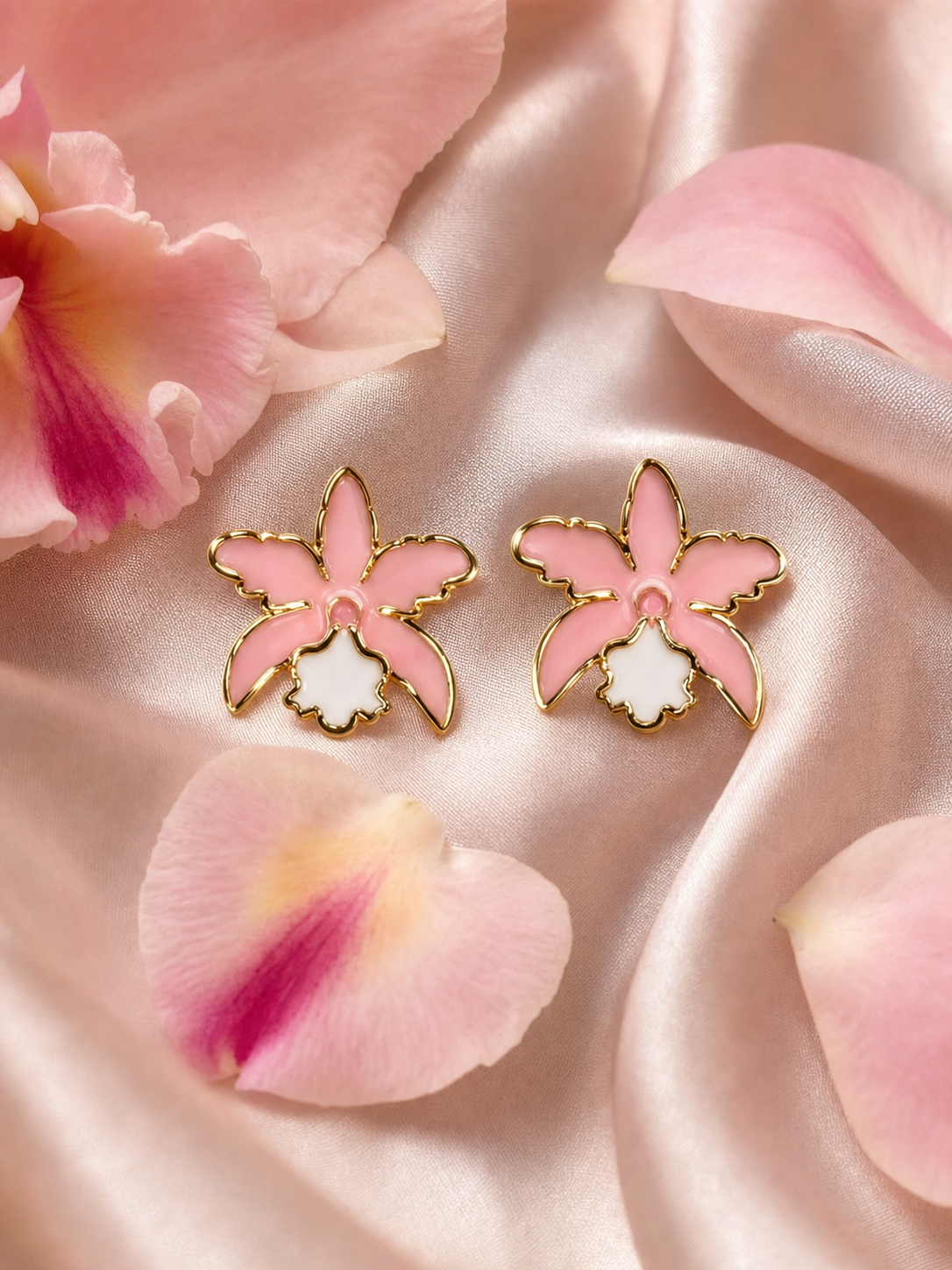 La Colombiana Collection Soft Pink & White Cattleya Orchid Earrings on blush silk - Orchidique