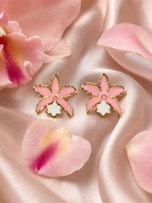 La Colombiana Collection Soft Pink & White Cattleya Orchid Earrings on blush silk - Orchidique