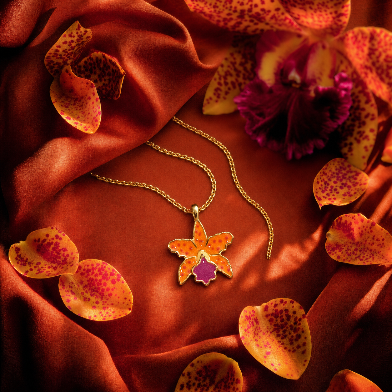 La Colombiana Orchid Jewelry Set • Orange Spotted Cattleya Necklace Earrings Ring • 925 Silver