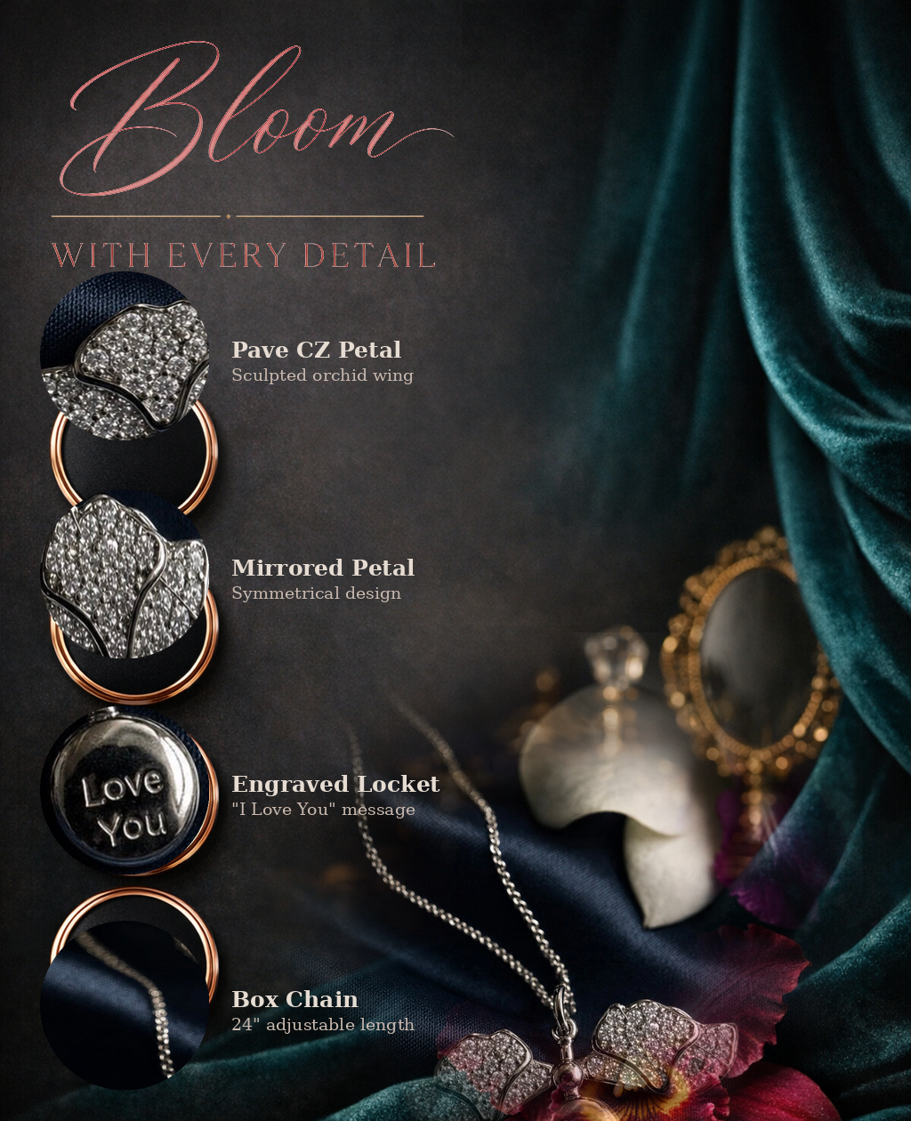 Dendrobium Orchid Locket Necklace • 925 Silver • 14K White Gold • Pavé Petal • Secret Message Pendant - Orchidique