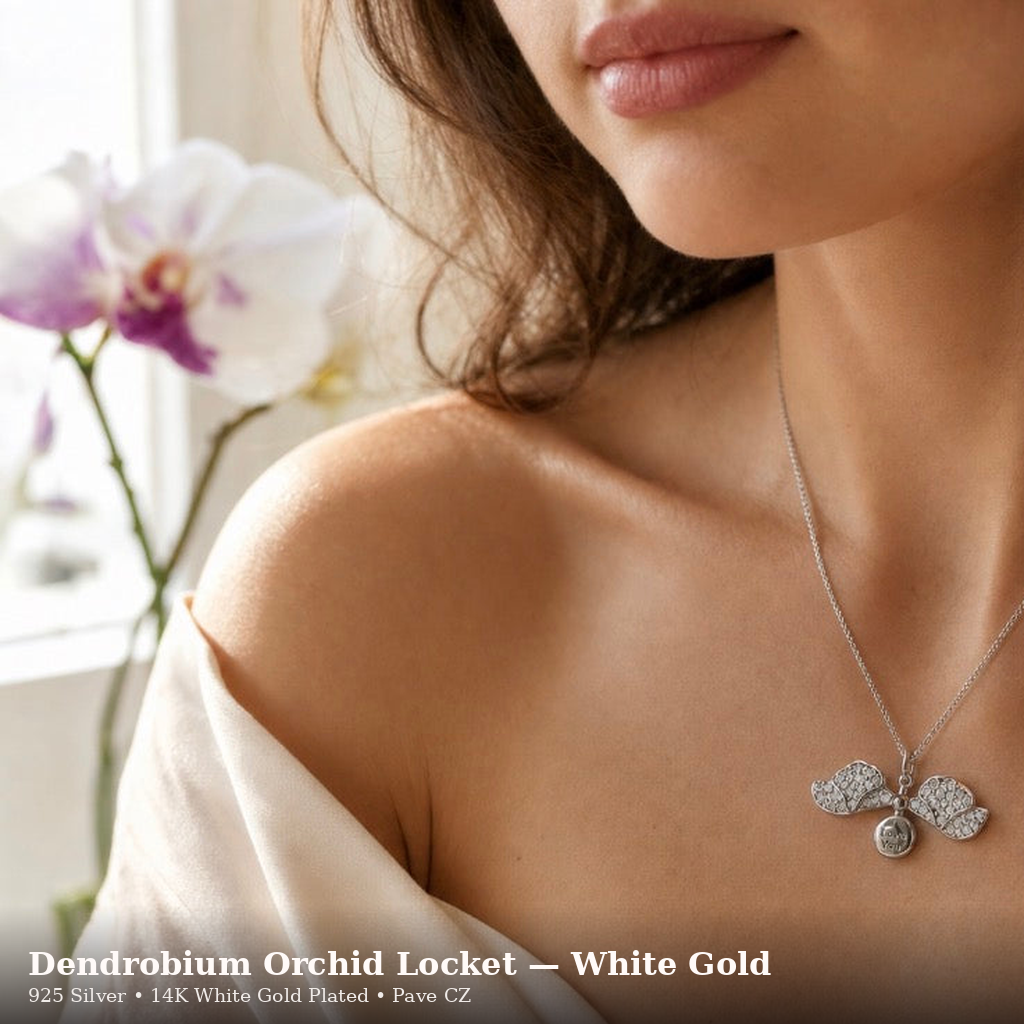 Dendrobium Orchid Locket Necklace • 925 Silver • 14K Gold • Pavé Petal • Secret Message Pendant - Orchidique