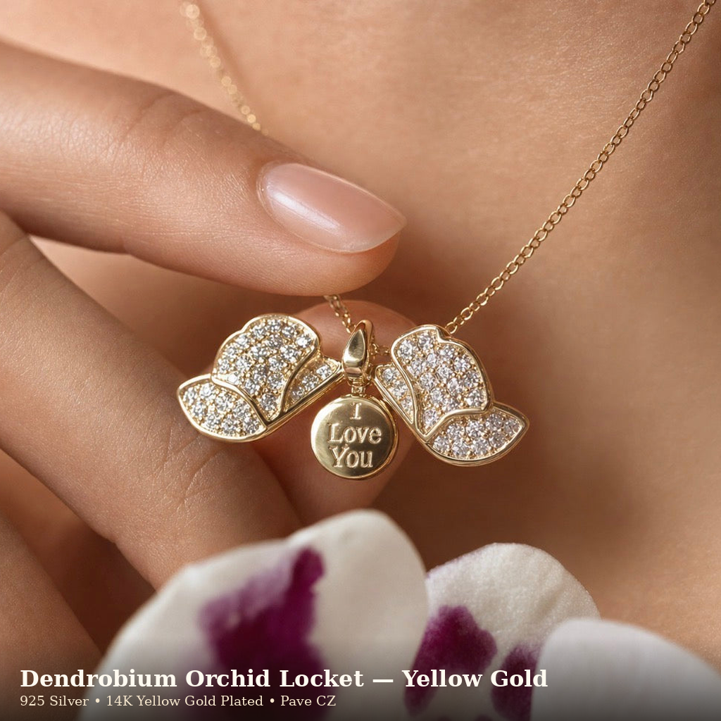 Dendrobium Orchid Locket Necklace • 925 Silver • 14K Rose Gold • Pavé Petal • Secret Message Pendant - Orchidique