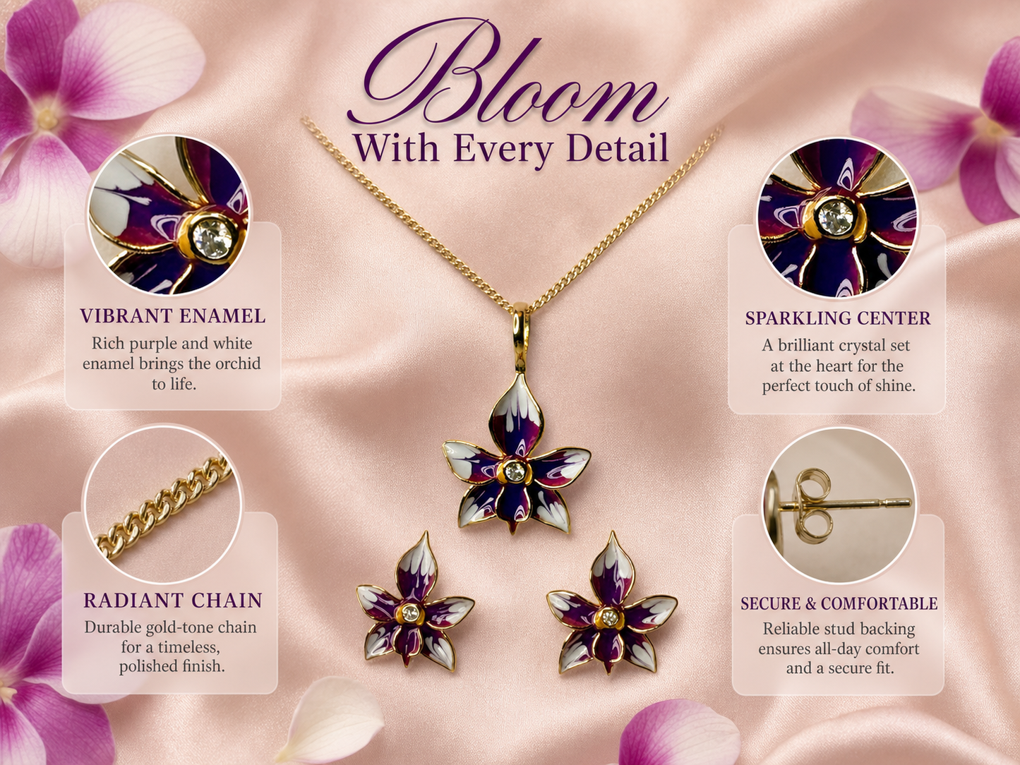 Violacea Orchid Jewelry Set • Gold-Tone Enamel Pendant • Matching Stud Earrings