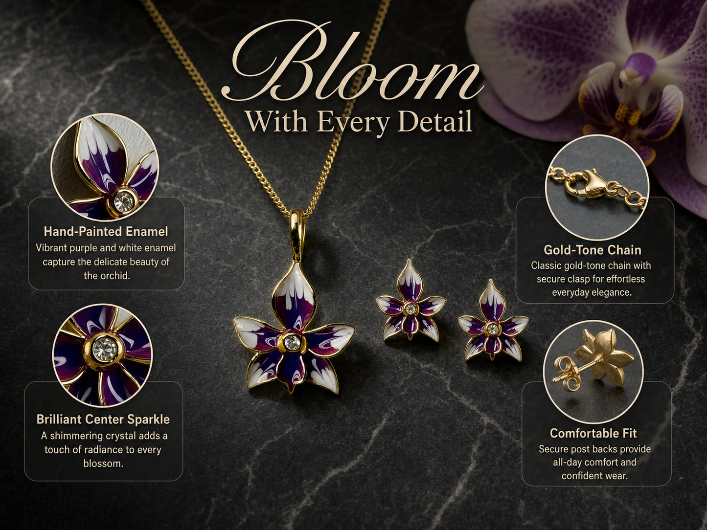 Violacea Orchid Jewelry Set • Gold-Tone Enamel Pendant • Matching Stud Earrings