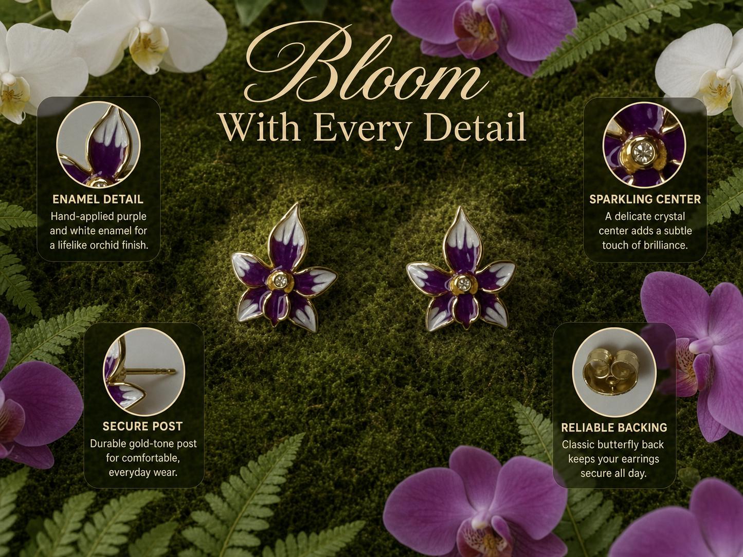 Violacea Orchid Jewelry Set • Gold-Tone Enamel Pendant • Matching Stud Earrings