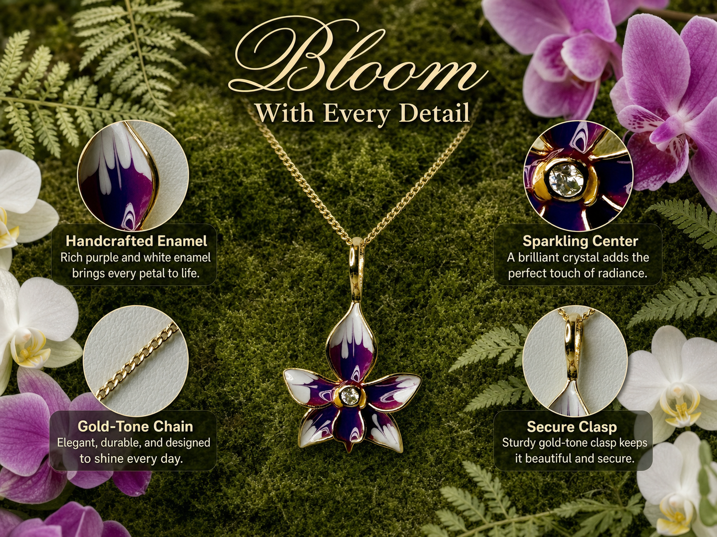 Violacea Orchid Jewelry Set • Gold-Tone Enamel Pendant • Matching Stud Earrings