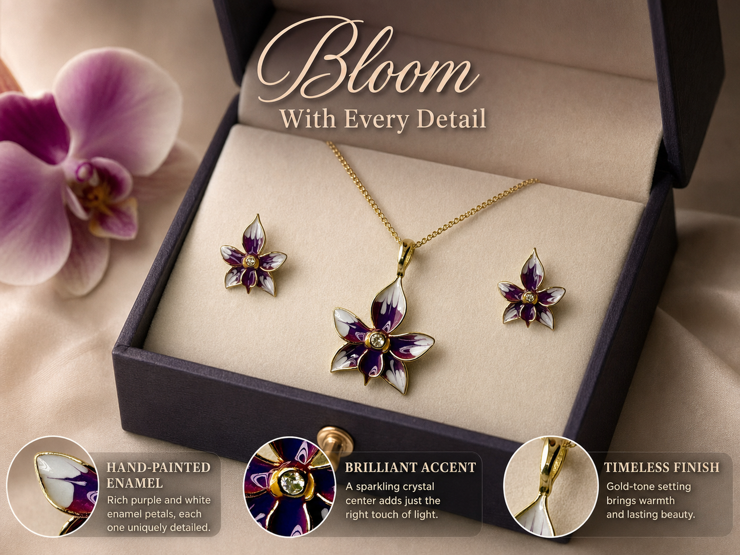 Violacea Orchid Jewelry Set • Gold-Tone Enamel Pendant • Matching Stud Earrings