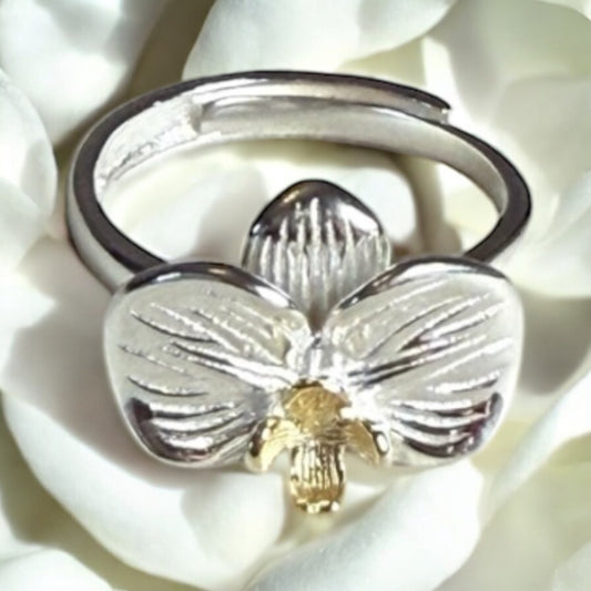 Two- Tone Phalaenopsis Orchid Ring • Sterling Silver Flower Cocktail Ring