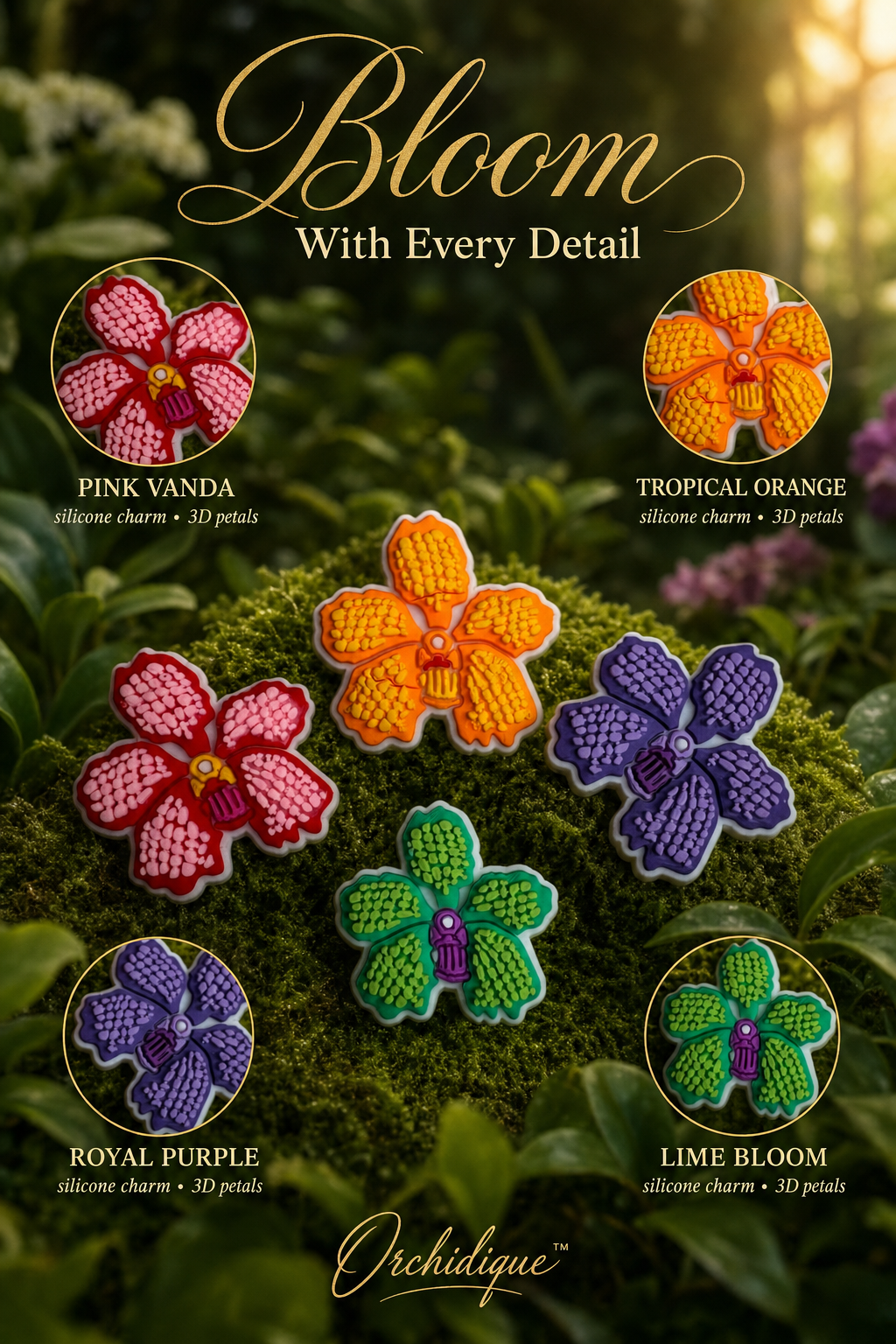Vanda Orchid Shoe Charm • Tropical Bloom Charm • Pink Purple Orange Lime - Orchidique