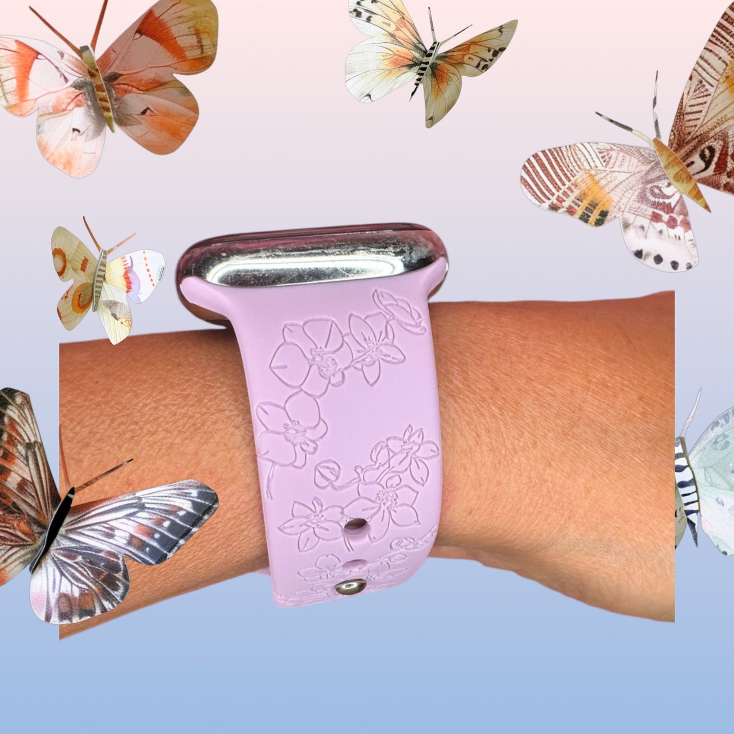 Lavendar Orchid Flowers Engraved Apple Watch Band