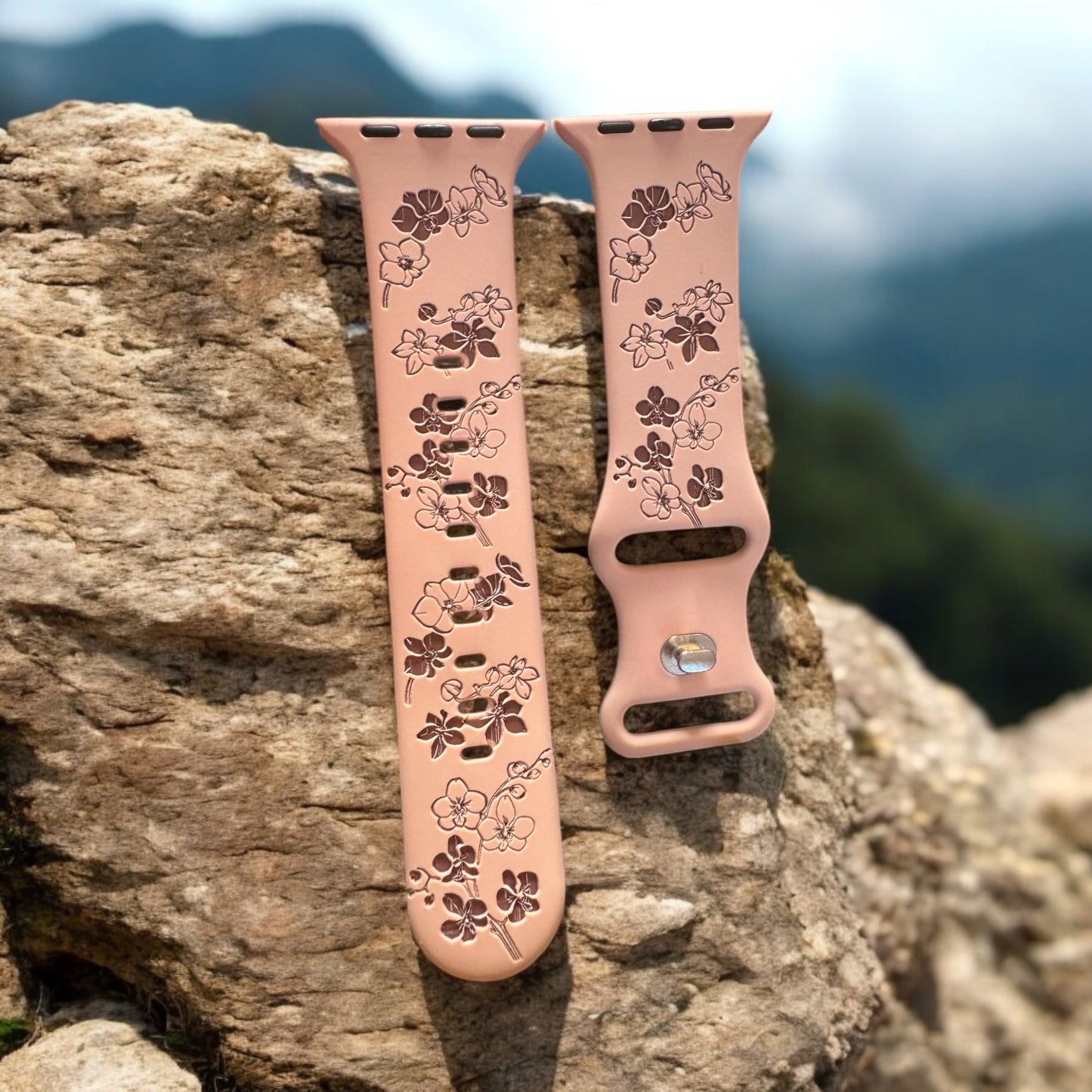 Pink Sands Silhouette Orchid Flowers Engraved Apple Watch Band