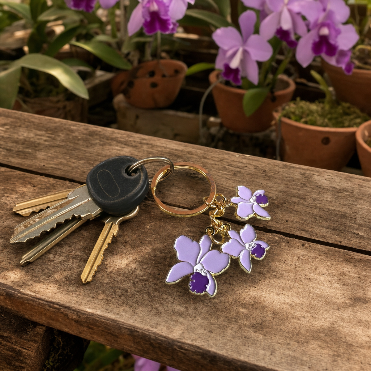 cattleya orchid bag charm, purple enamel, zinc alloy, alternate view – Orchidique