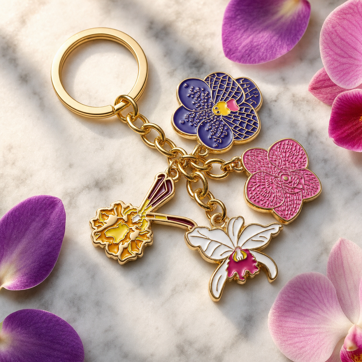 Orchid Collector Keychain • 4 Enamel Orchid Charms • Vanda Cattleya Gift