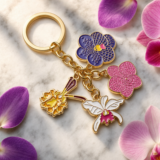 Orchid Collector Keychain • 4 Enamel Orchid Charms • Vanda Cattleya Gift