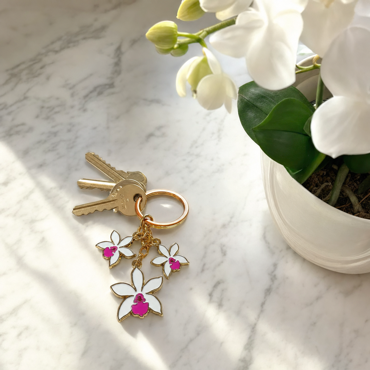 Cattleya Orchid Keychain • White Enamel Flower Charm • Orchid Lover Gift - Orchidique