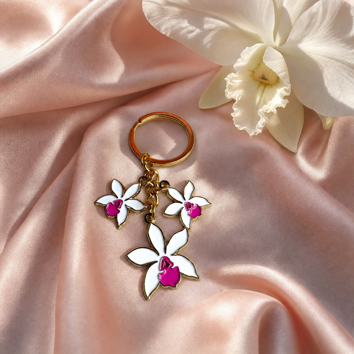 Cattleya Orchid Keychain • White Enamel Flower Charm • Orchid Lover Gift - Orchidique