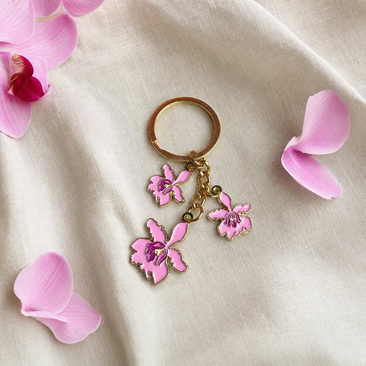 Myrmecophila Orchid Keychain • Pink Enamel Flower Charm • Botanical Gift - Orchidique