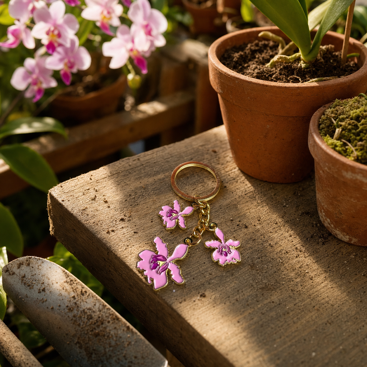 Myrmecophila Orchid Keychain • Pink Enamel Flower Charm • Botanical Gift - Orchidique