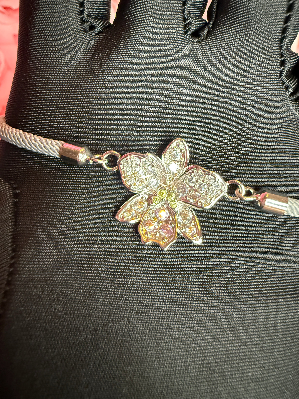 cattleya orchid bracelet, white and silver, white gold plated metal, additional view – Orchidique