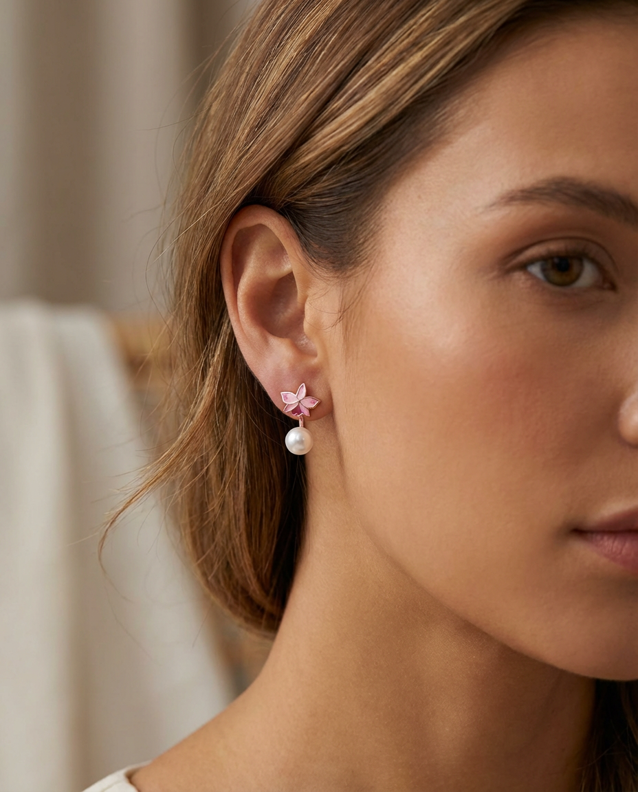Signature Trianae Pink Sian Cattleya Earrings, Pearl Jacket Stud: 18k Gold Plated