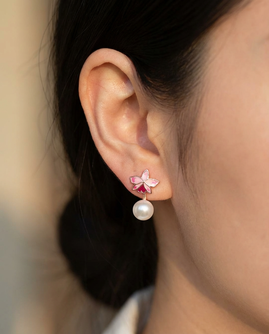 Signature Trianae Pink Sian Cattleya Earrings, Pearl Jacket Stud: 18k Gold Plated