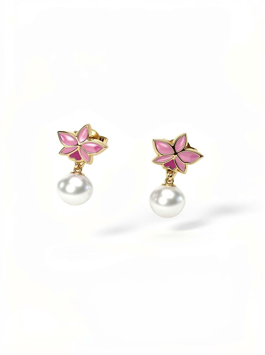 Signature Trianae Pink Sian Cattleya Earrings, Pearl Jacket Stud: 18k Gold Plated