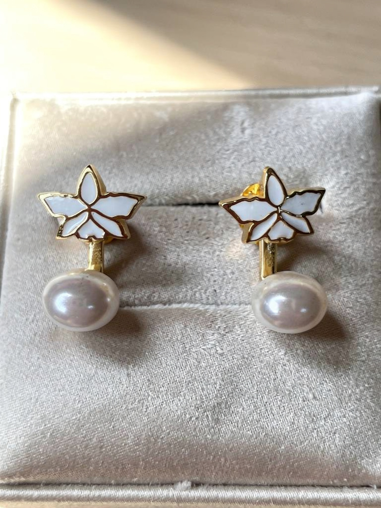 Signature White Cattleya Earrings, Classic Pearl Jacket Stud, 18k Gold Plated - Orchidique