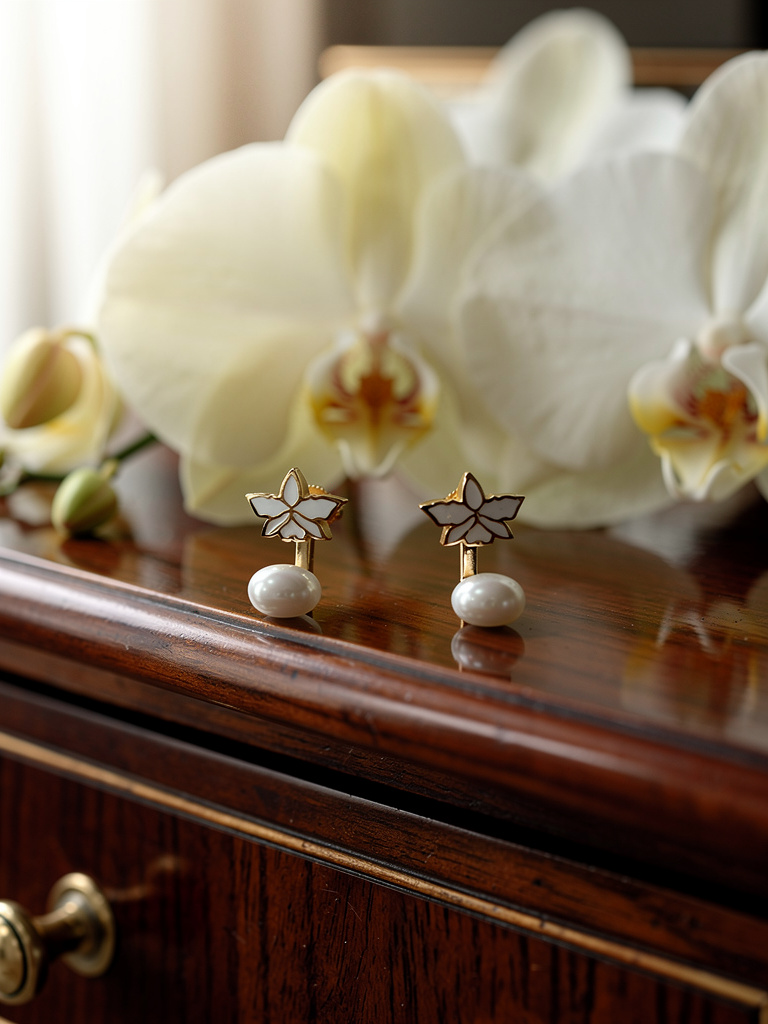 Signature White Cattleya Earrings, Classic Pearl Jacket Stud, 18k Gold Plated - Orchidique