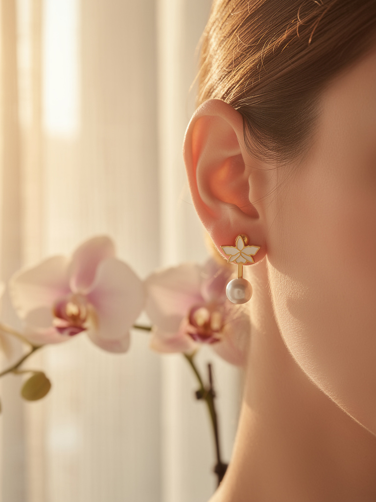 Signature White Cattleya Earrings, Classic Pearl Jacket Stud, 18k Gold Plated - Orchidique