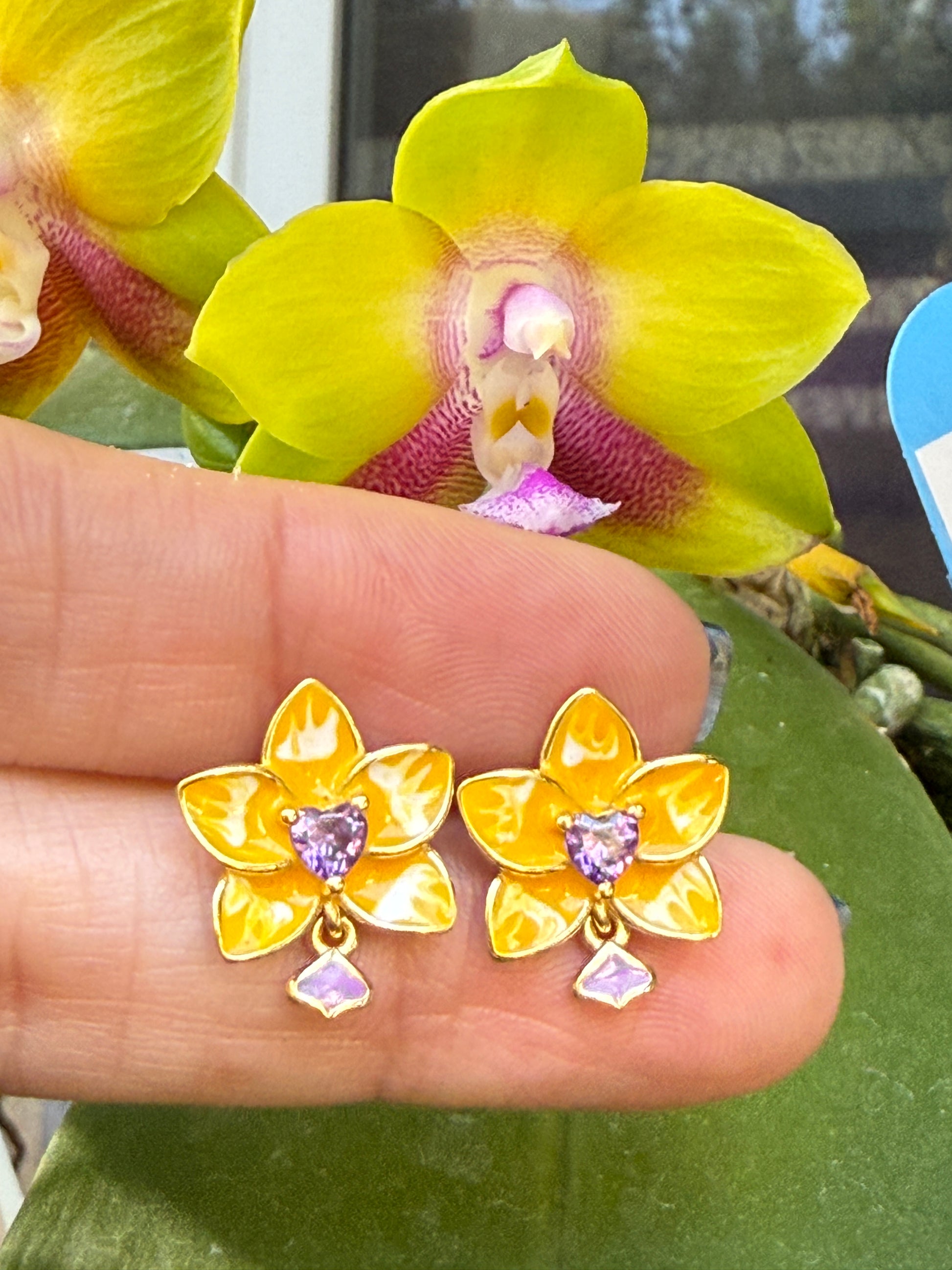 Phalaenopsis Heart Novelty Collection: Yellow & Purple Phalaenopsis Studs - Orchidique