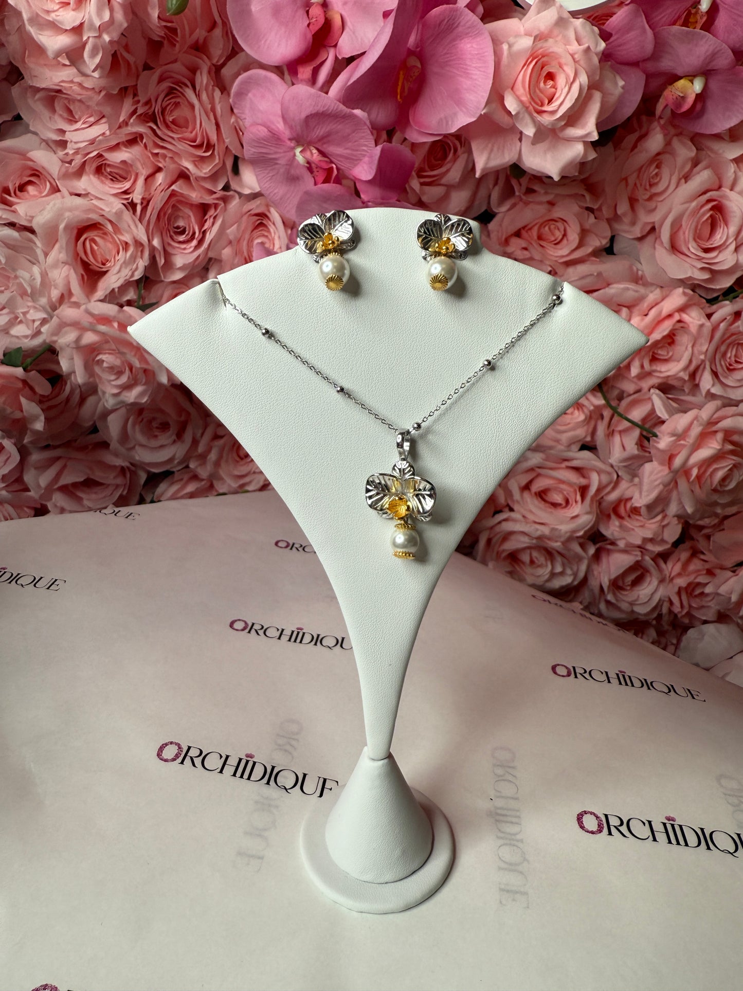 Orchid Pearl Drop Wedding Set • Two Tone Earrings and Pendant Necklace Jewelry