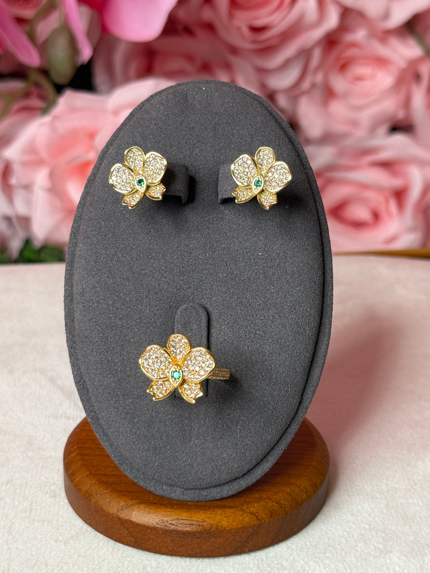 Sparkling Whispers Collection: Phalaenopsis Orchid Set • Emerald Cubic Zirconia Flower Ring and Earrings