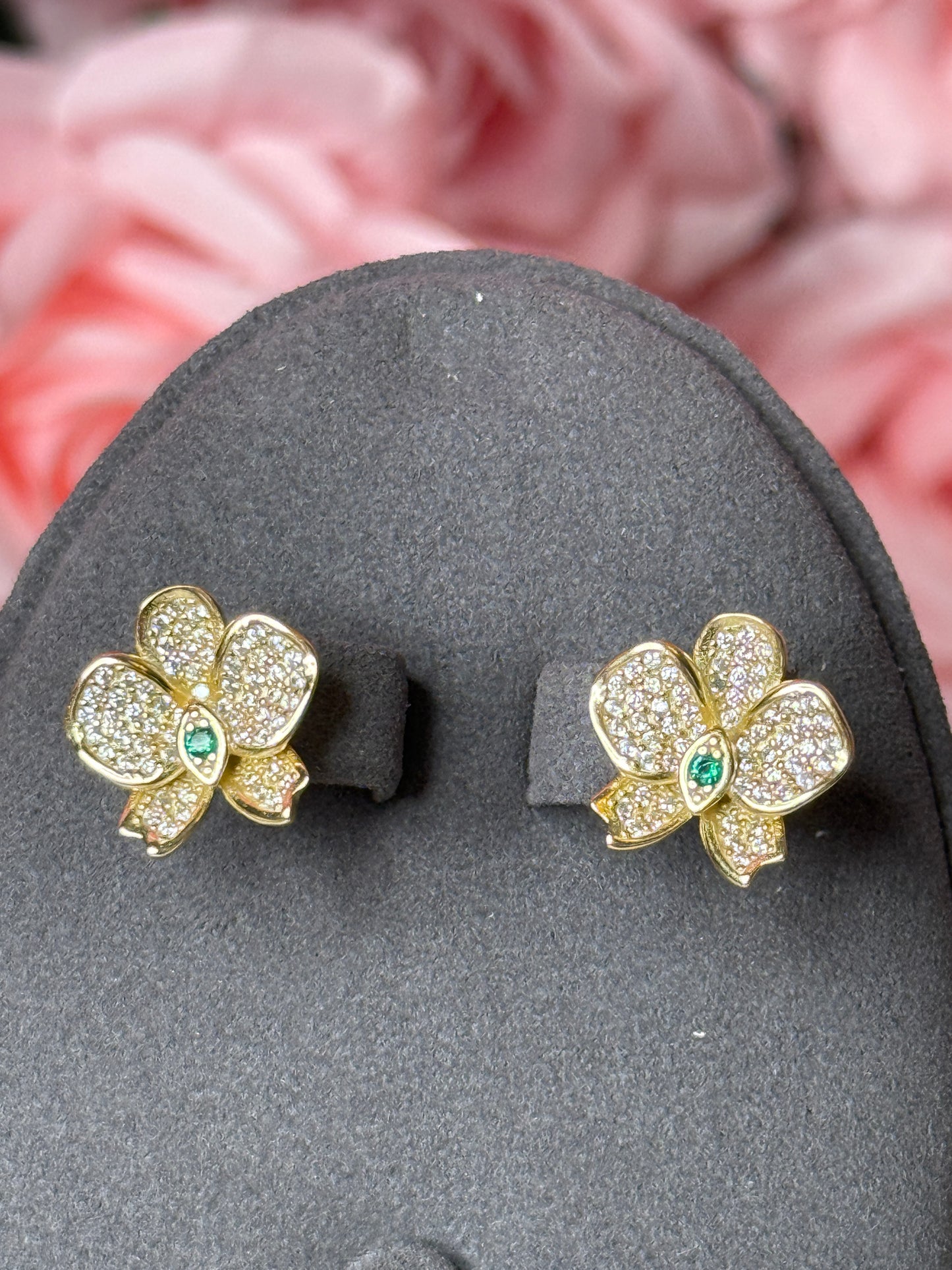 Sparkling Whispers Collection: Phalaenopsis Orchid Set • Emerald Cubic Zirconia Flower Ring and Earrings