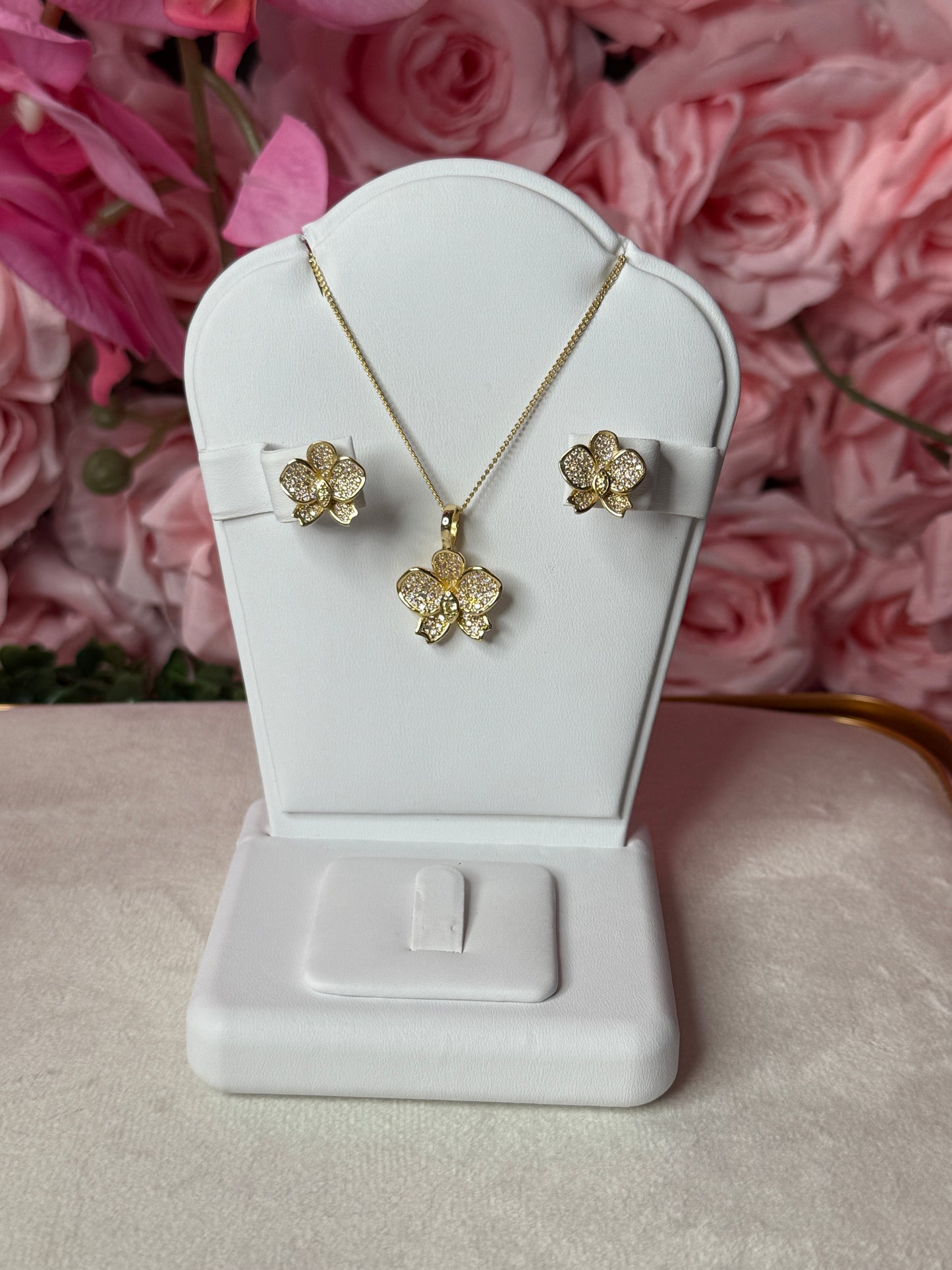 Sparkling Whispers Collection: Phalaenopsis Orchid Earrings • Gold Zircon Flowers Studs