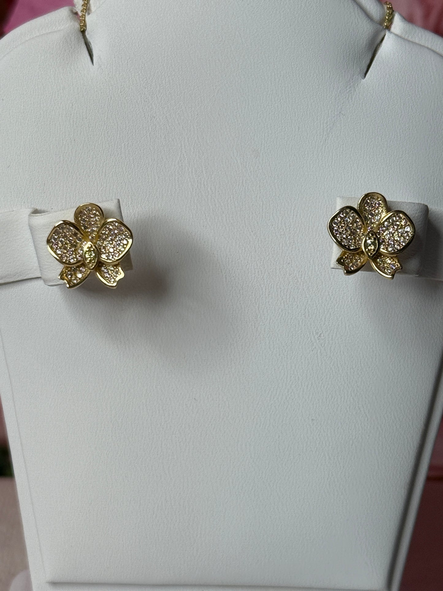 Sparkling Whispers Collection: Phalaenopsis Orchid Earrings • Gold Zircon Flowers Studs