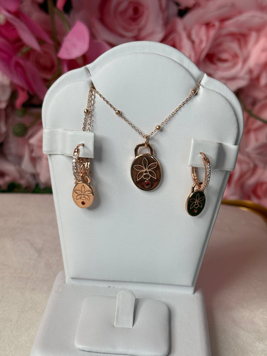 Etched Orchid Necklace & Earrings • Beaded Chain, Choker • 18ct Rose Gold • Harmony Collection