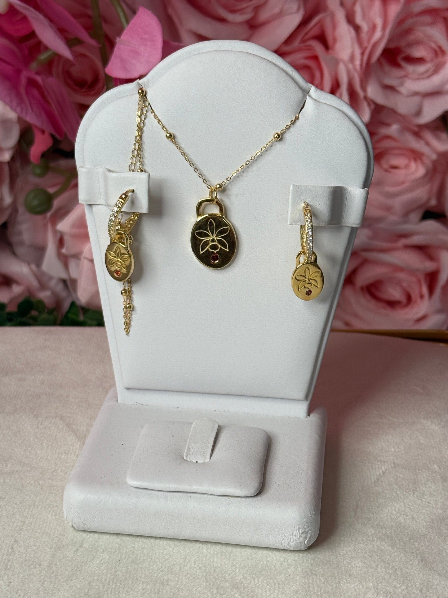 Etched Orchid Necklace & Earrings • Beaded Chain, Choker • 14c Gold Plated• Harmony Collection