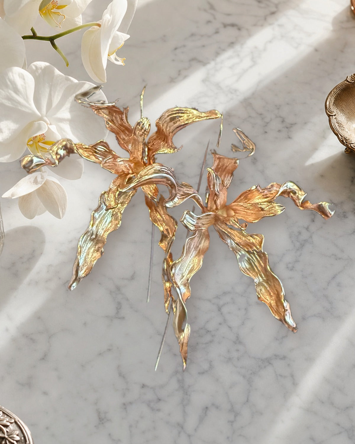 Schomburgkia Orchid Dangle Earrings • Gold Plated Botanical Statement Earrings