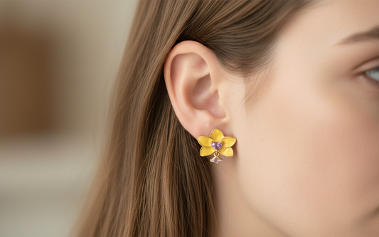 Phalaenopsis Heart Novelty Collection: Yellow & Purple Phalaenopsis Studs