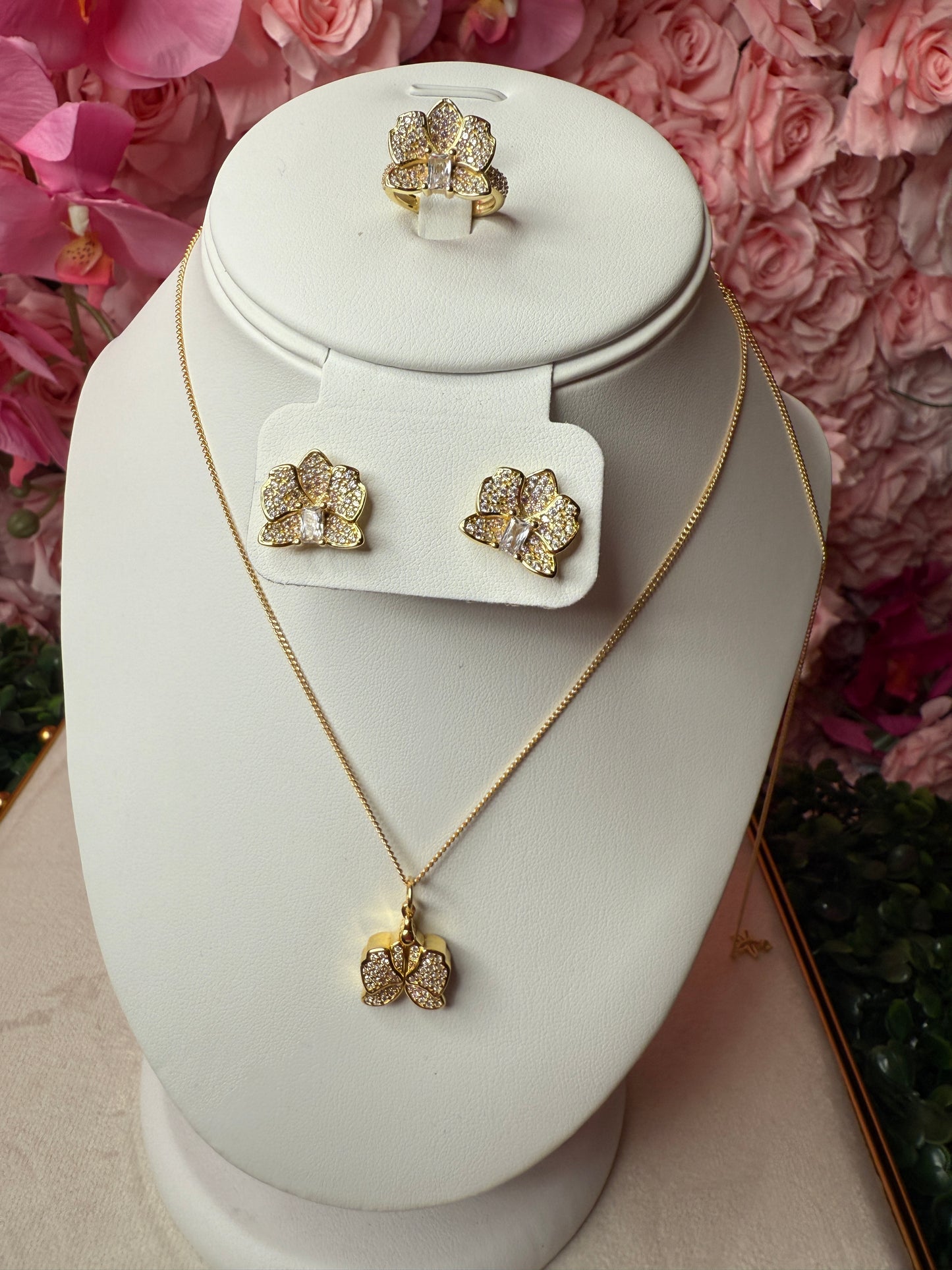 Dendrobium Sparkle of Love Collection : Orchid Earrings and Ring Set - 14k Gold, Rose Gold, White Gold