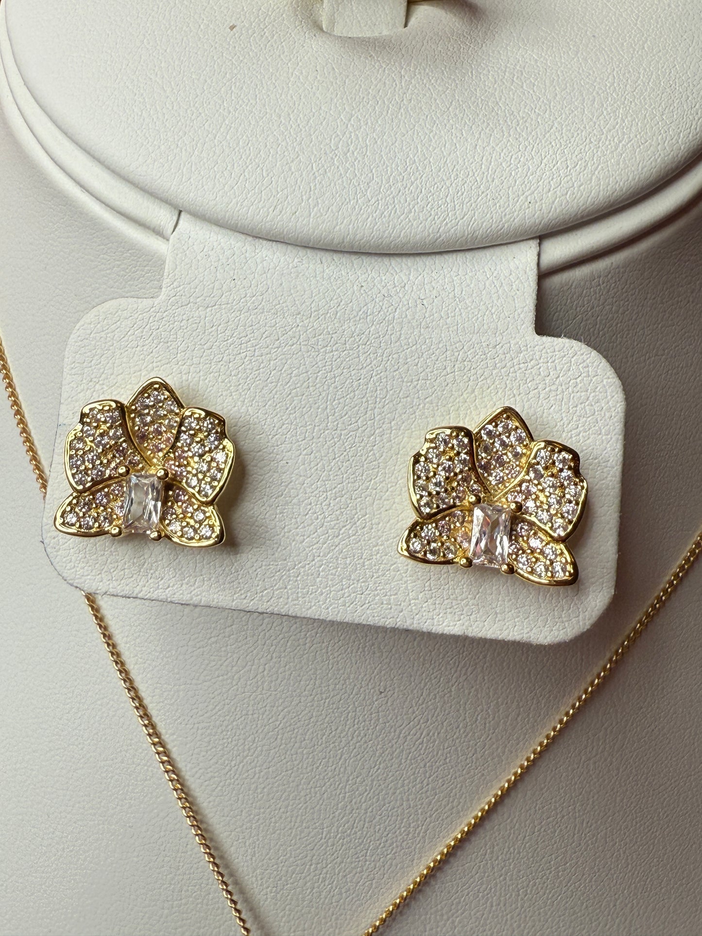 Dendrobium Sparkle of Love Collection : Orchid Earrings and Ring Set - 14k Gold, Rose Gold, White Gold