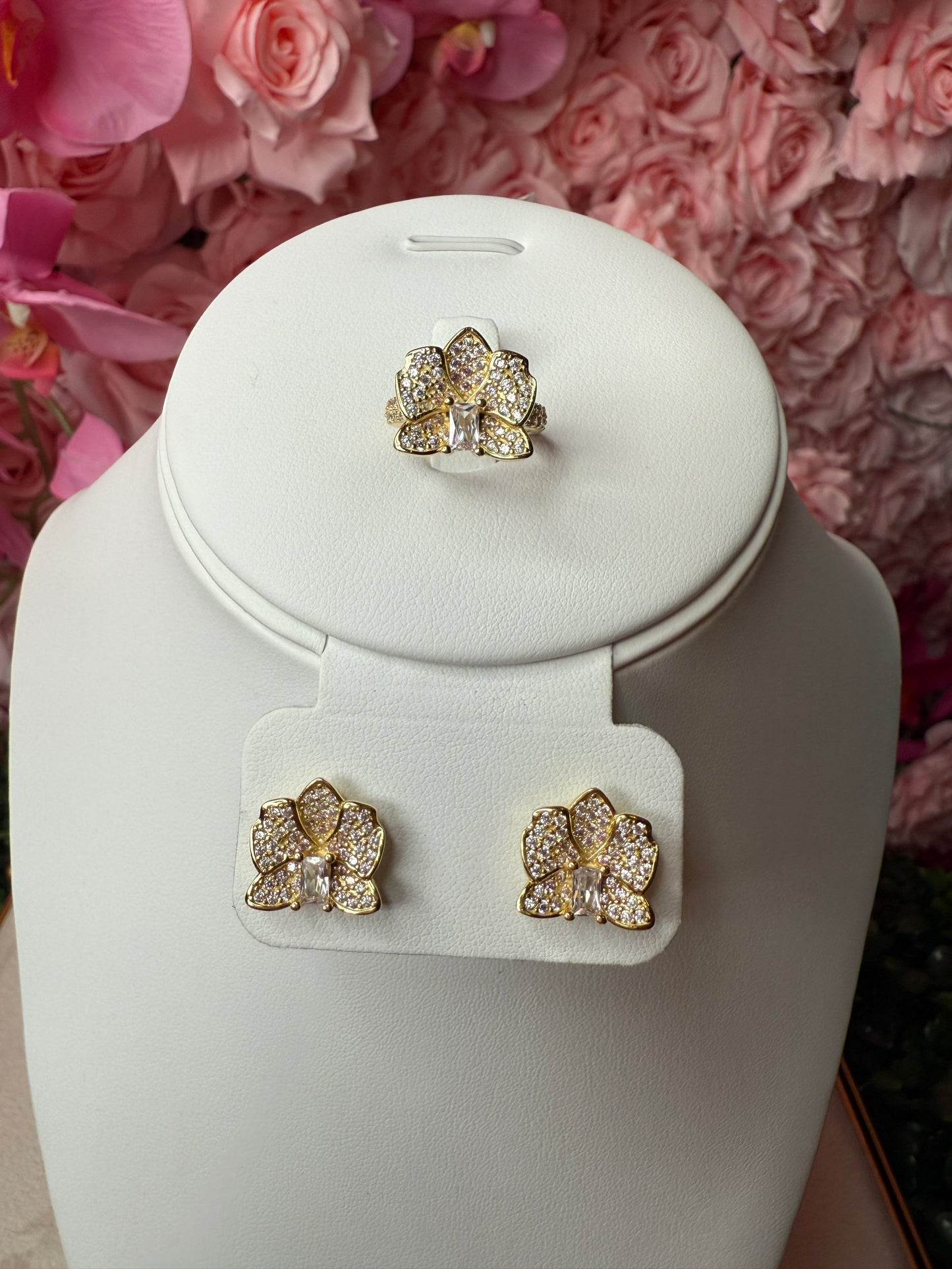 Dendrobium Sparkle of Love Collection : Orchid Earrings and Ring Set - 14k Gold, Rose Gold, White Gold