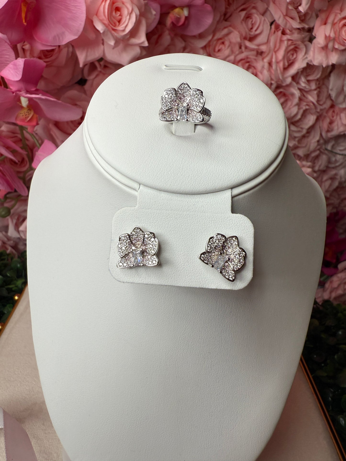 Dendrobium Sparkle of Love Collection : Orchid Earrings and Ring Set - 14k Gold, Rose Gold, White Gold