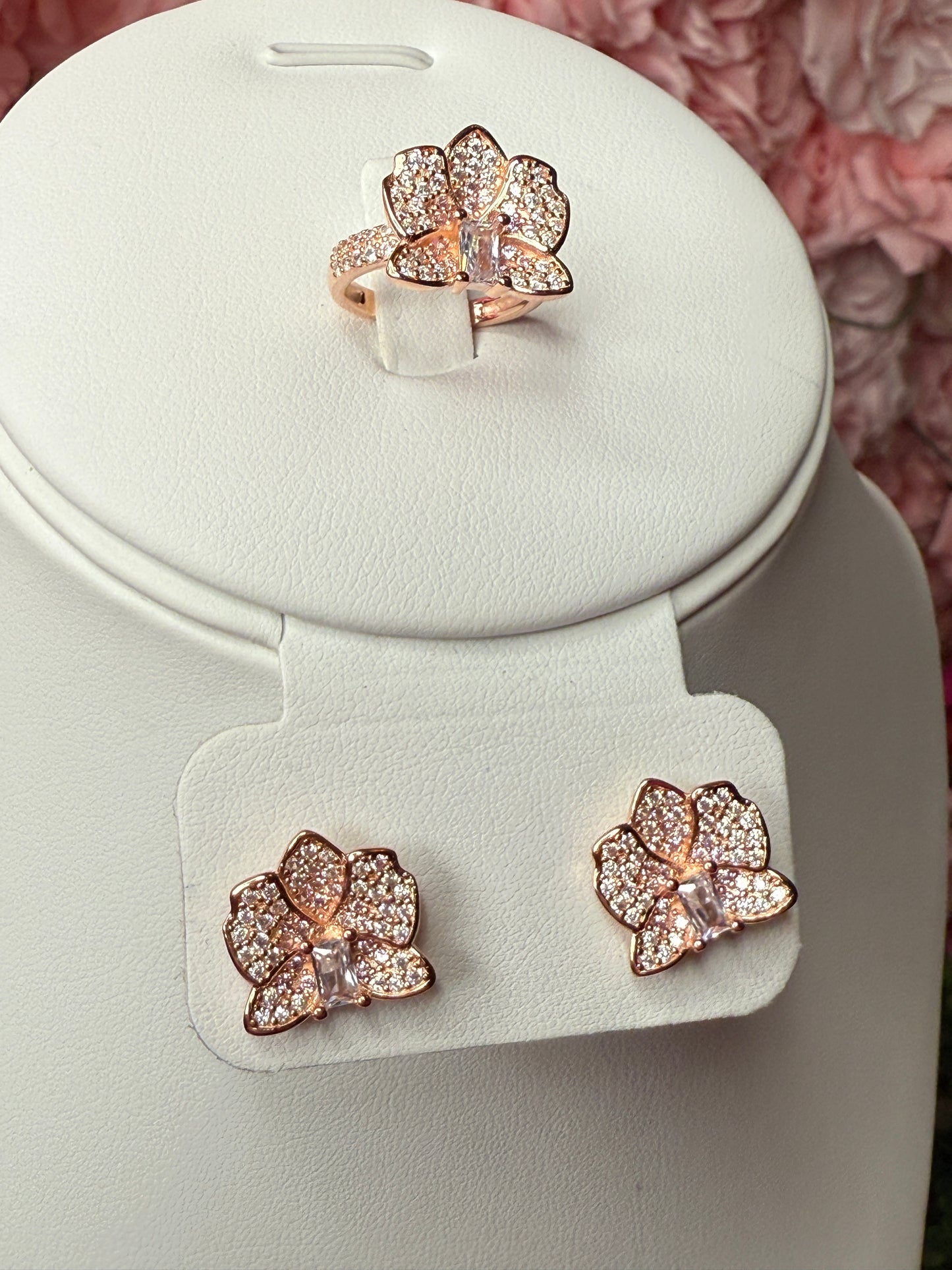 Dendrobium Sparkle of Love Collection : Orchid Earrings and Ring Set - 14k Gold, Rose Gold, White Gold