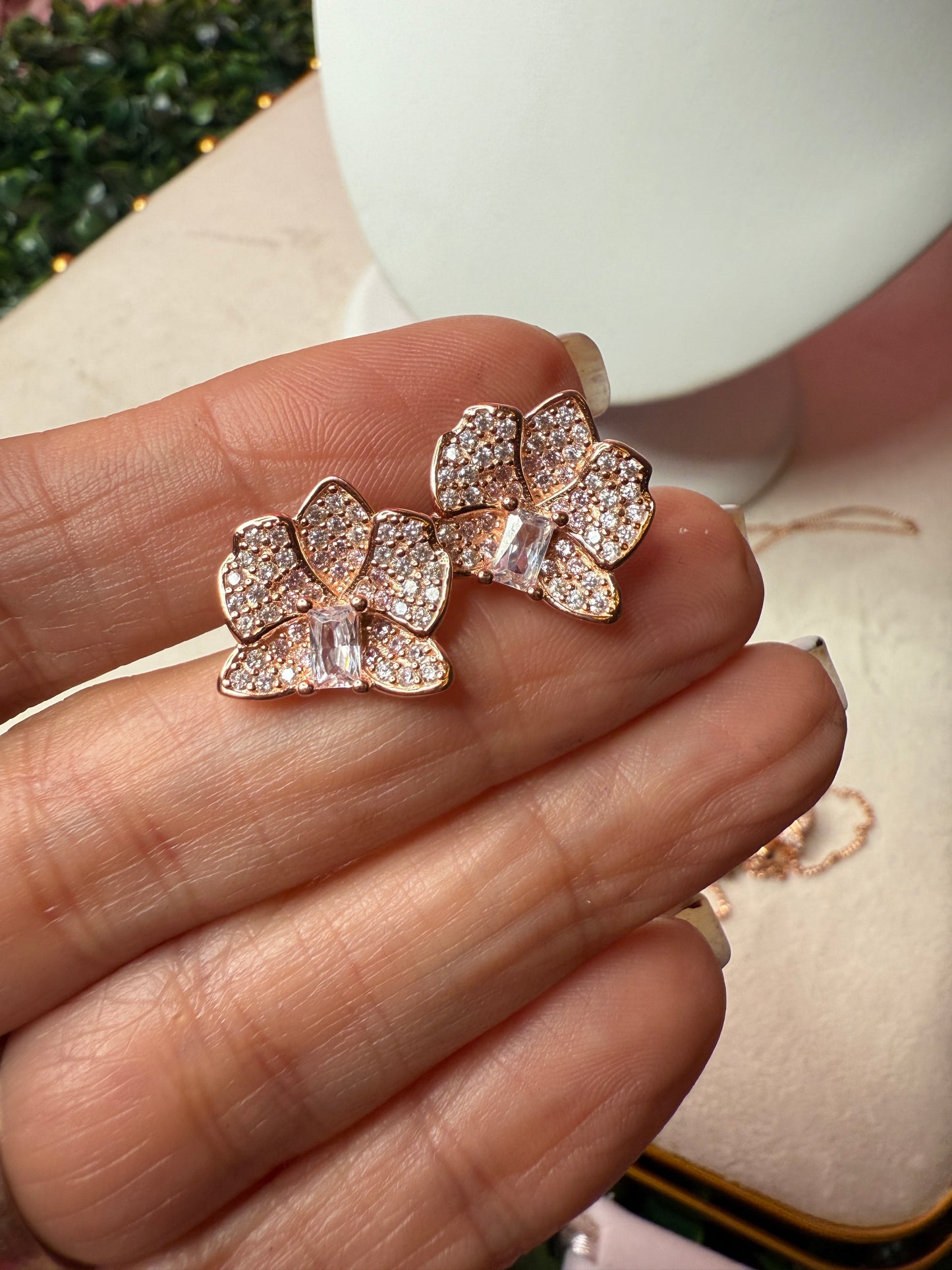 Dendrobium Sparkle of Love Collection : Orchid Earrings and Ring Set - 14k Gold, Rose Gold, White Gold