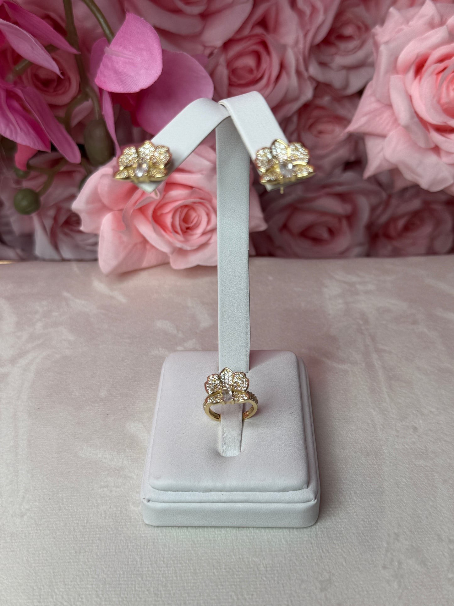 Dendrobium Sparkle of Love Collection : Orchid Earrings and Ring Set - 14k Gold, Rose Gold, White Gold