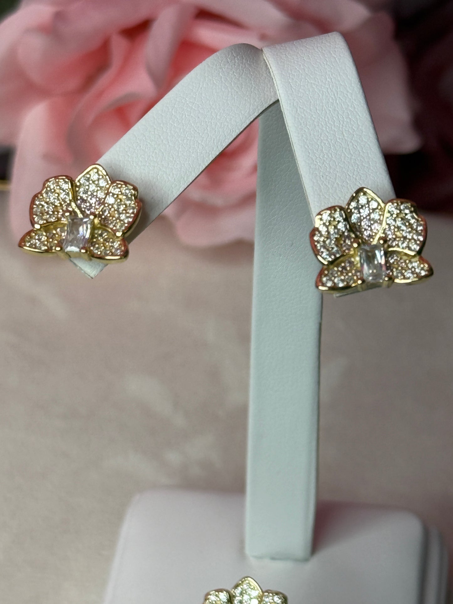 Dendrobium Sparkle of Love Collection : Orchid Earrings and Ring Set - 14k Gold, Rose Gold, White Gold